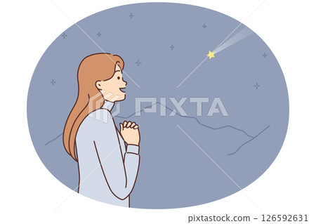 Dreaming woman with palms clasped in front chest looks at shooting star and makes wish Dreaming woman with palms clasped in front chest looks at shooting star and makes wish 126592631