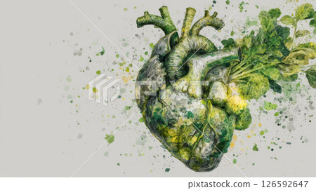 heart made of vegetables and herbs floating in white space with green particles 126592647