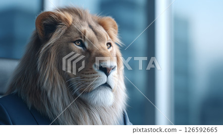 lion in a tailored business suit sitting confidently at a boardroom table, modern skyscraper 126592665