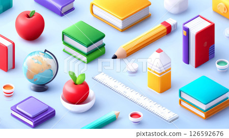 Chaotic but colorful swarm of education icons like books, globes, rulers, pastel background 126592676