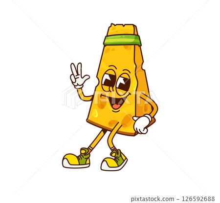 Cheese groovy funny character doing fitness. Emmental hard cheese chunk 60s 70s groovy happy character, edam piece vintage funky vector cute mascot. Parmesan wedge retro personage wearing headband 126592688