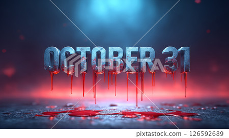 Dark Halloween-style visuals featuring October 31st in bloody, weathered letters set in an eerie, apocalyptic setting 126592689