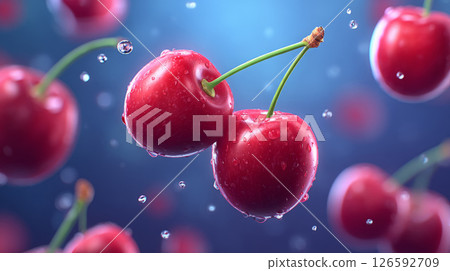 Fresh Juicy Cherries with Water Droplets Floating 126592709