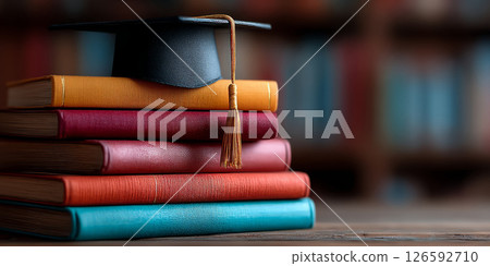 stack of books gently piling up with a graduation cap appearing on top stack of books gently piling up with a graduation cap appearing on top 126592710