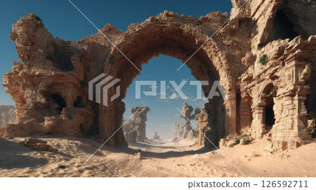 Fantasy desert city in ruins, half-buried in sand after a devastating elemental war 126592711