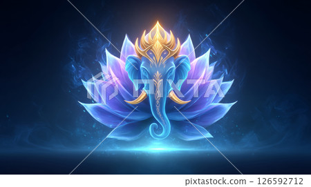 Ganesh outline glowing with floating lotus petals Ganesh outline glowing with floating lotus petals 126592712