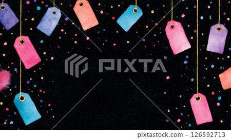 black glitter background with confetti bursts and floating price tags 126592713