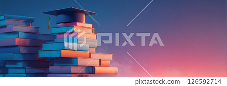 stack of books gently piling up with a graduation cap appearing on top 126592714