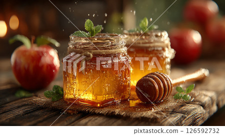 Honey and apples softly glowing on rustic wooden table for Rosh Hashanah 126592732