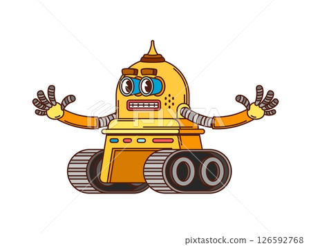 Cartoon groovy retro robot character or droid on wheels vector robotic bot with funny face. Comic groovy robot with silly freaky smile in retro cartoon for cyborg droid on caterpillar track wheels 126592768