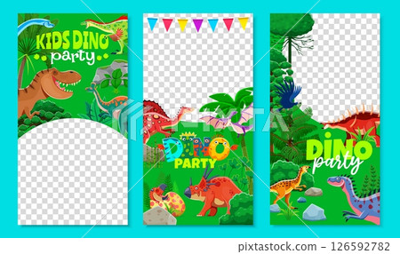 Kids dino party flyer template with funny dinosaurs in jungle forest vector background frame. Cartoon cute tyrannosaurus rex, alectrosaurus, ouranosaurus, baby dino in egg and styracosaurus dinosaurs 126592782