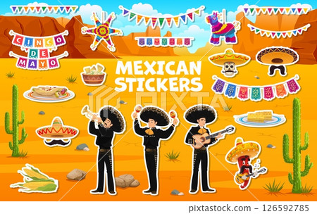 Mexican mariachi musicians and Cinco de Mayo holiday stickers pack, cartoon vector. Mexican mariachi men in sombrero hats with guitars and maracas, pinata and chili pepper with mustaches for stickers 126592785