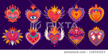 Mexican sacred heart tattoo set for love symbols with fire, eye and blood drops, vector Mexico art. Sacred heart or Corazon sagrado tattoo design with heart on wings or dagger sword and catholic cross 126592823