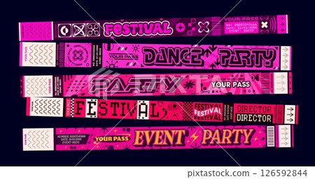 Purple Y2K club pass and event party bracelet for festival concert ticket, vector mockup, Red pink and purple bracelets and hand wristbands for club entrance or entry access pass for music concert 126592844