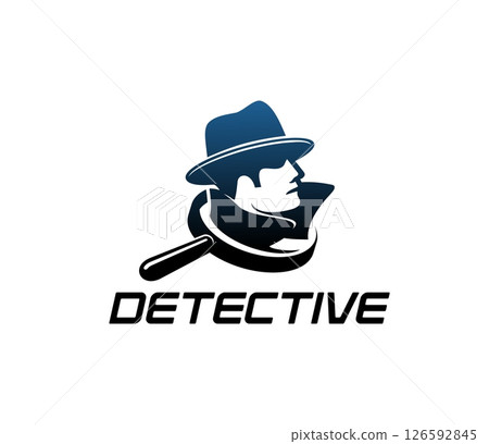 Private detective, crime police inspector and secret agent icon, vector emblem. Detective agency or criminal investigation service company icon of spy man in fedora hat and magnifying glass silhouette 126592845