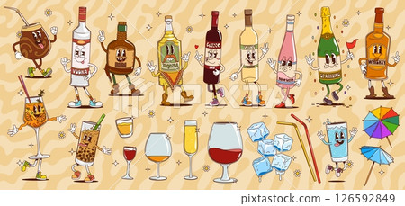 Cartoon groovy alcohol drink and beverage characters of retro hippie bottles and glasses, ice cubes and drinking straws. Vector groovy wine, champagne, whiskey and tequila, vodka, rum and yerba mate 126592849