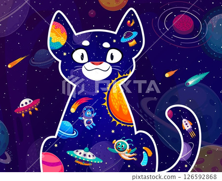 Space cat with cartoon galaxy rockets, stars and alien UFO, vector poster background. Outer space with funny cat frame and rocket spaceship, planets and asteroids, comets and alien Martian spaceman 126592868