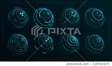 HUD futuristic circular screen panels and control bars in sphere shapes, vector dashboard interface. HUD elements and Sci Fi UI design for game with virtual circular spherical panels of navigation 126592874