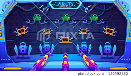Robot hunting carnival shoot game, amusement park shooting range gallery. Vector indoor arcade shooting game interface featuring futuristic robotic targets, displays immersive machinery arrangements 126592880