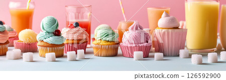 Cupcakes and ice cream with fruit juices and sugar arranged on pastel color background, unhealthy eating concept 126592900