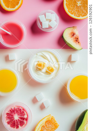 Glasses of colorful fruit smoothies with berries and sugar cubes, unhealthy concept of sugar harm 126592901