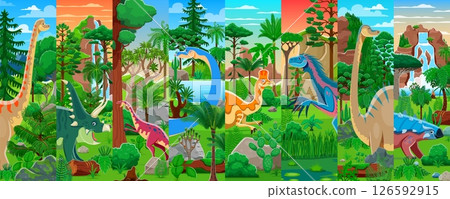 Cartoon prehistoric dinosaur characters in jungle forest vector collage. Cute brachiosaurus, diplodocus, chasmosaurus and corythosaurus dinosaurs characters at jurassic nature landscape background Cartoon prehistoric dinosaur characters in jungle forest vector collage. Cute brachiosaurus, diplodocus, chasmosaurus and corythosaurus dinosaurs characters at jurassic nature landscape background 126592915