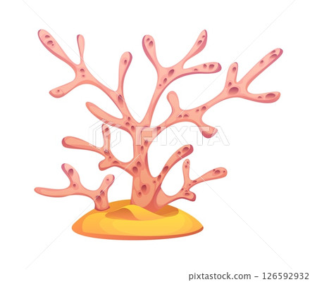 Underwater cartoon seaweed algae and coral reefs. Cartoon vector pink oceanic plant with rounded holes, organic branching structure, resting on a sandy yellow base. Marine underwater aquatic flora 126592932
