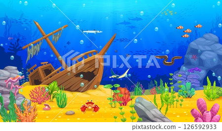 Underwater landscape game background with sunken pirate ship. Cartoon game map with shipwreck boat, seaweeds and sea animals. Vector ocean bottom level location with coral reefs, fish and marine life 126592933
