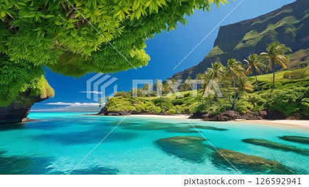 Crystal clear sea surrounded by trees 126592941