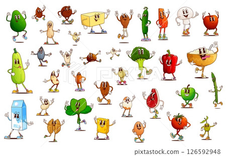 Groovy breakfast food, vegetables and nuts characters. Cartoon milk box, cereals, egg and cheese morning meal vector personages. Retro groovy fish, meat, beans and seeds, fresh veggies and olives 126592948