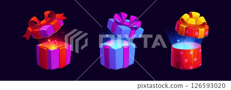 Gift box game icons, cartoon vector surprise boxes with glowing light. Open present containers with decorative ribbons and magical energy inside. Round and square festive packs with sparkle and shine 126593020