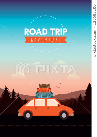 road trip adventure in the wilderness car on mountain landscape vector illustration 126593100