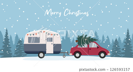 camping adventure car with caravan in snowy winter landscape vector illustration 126593157