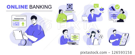 Online banking concept set for web design. Collection with people managing financial accounts, controlling money transactions at credit cards. Flat vector illustration isolated on white background. 126593158