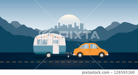 camping adventure car with caravan on the road vector illustration camping adventure car with caravan on the road vector illustration 126593160