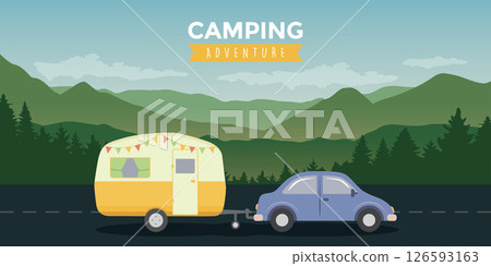 camping adventure car with caravan in nature landscape vector illustration camping adventure car with caravan in nature landscape vector illustration 126593163