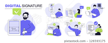 Digital signature concept set for web design. Collection with people signing law documents with electronic identification certificate online. Flat vector illustration isolated on white background. 126593175