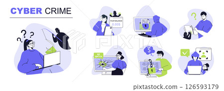 Cyber crime concept set for web design. Collection with people suffering from stealing data, hacking credit cards, phishing and hackers attacks. Flat vector illustration isolated on white background. 126593179