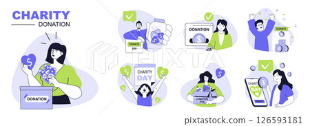 Charity donation concept set for web design. Collection with people putting coins in donation box, sending money in apps, sharing hope and help. Flat vector illustration isolated on white background. 126593181