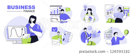 Business and finance concept set for web design. Collection with people make financial analysis, brainstorming, planning income growth strategy. Flat vector illustration isolated on white background. 126593182