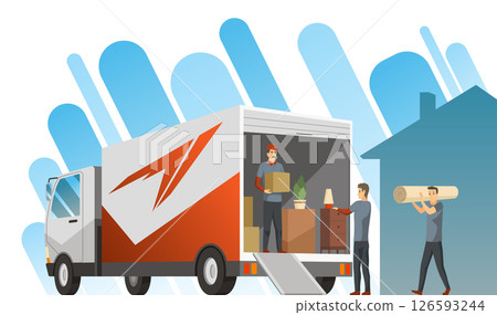 Moving service truck. Delivery loader unload furniture and box cargo truck. Unloading van on new home address, supplies logistic transportation. Cartoon vector illustration 126593244