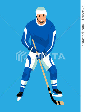Hockey player. Ice hockey team sport, men with hockey sticks. Sportsman with helmet in cartoon flat style. Vector illustration isolated on white background Hockey player. Ice hockey team sport, men with hockey sticks. Sportsman with helmet in cartoon flat style. Vector illustration isolated on white background 126593250