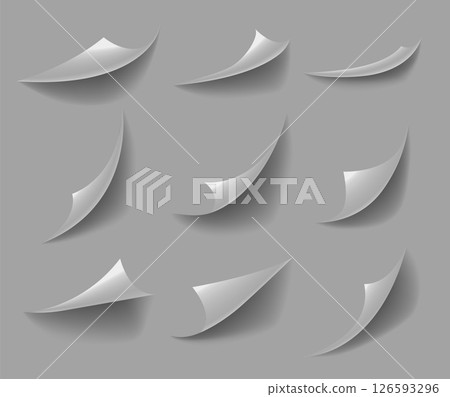 Curled paper corners. Curve page corner, pages edge curl and bent papers sheet with realistic shadow. Paper corner folds isolated on white background 126593296