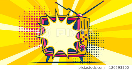 Comic retro tv on halftone and dots backdrop. Vector colorful background in pop art retro comic style. Cartoon vintage 70s, 80s television Comic retro tv on halftone and dots backdrop. Vector colorful background in pop art retro comic style. Cartoon vintage 70s, 80s television 126593300