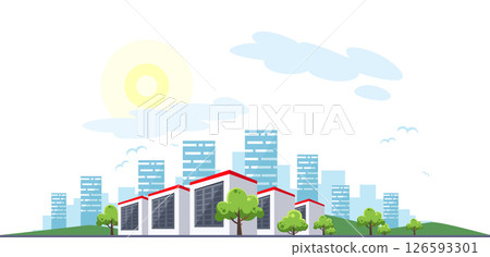 Clean electric energy concept. Renewable electricity resource from solar panels. Ecological change of the future. City skyline and nature landscape on background 126593301