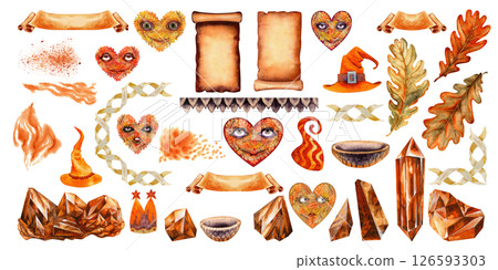 Halloween Orange clipart set with hats, crystals, vintage paper, magical autumn spirits, splashes Halloween Orange clipart set with hats, crystals, vintage paper, magical autumn spirits, splashes 126593303