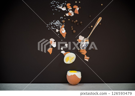 Broken shell, spices and spoon in artistic composition Broken shell, spices and spoon in artistic composition 126593479