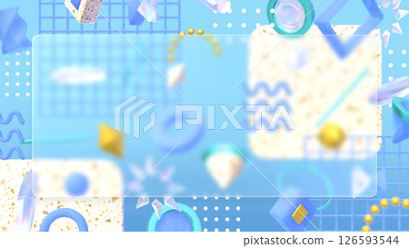 時尚的 3DCG，具有幾何和水磨石圖案以及方形標題背景 - 藍色 126593544