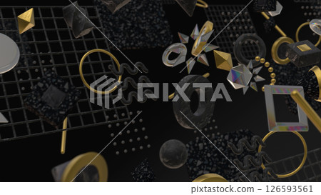 具有幾何和水磨石圖案的時尚 3DCG，具有深度感 - 黑色 126593561