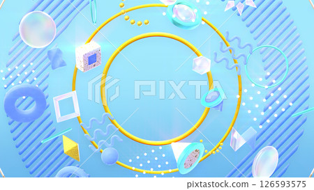 時尚的 3DCG，具有各種紋理的幾何圖案排列在一個大圓圈上 - 藍色 126593575